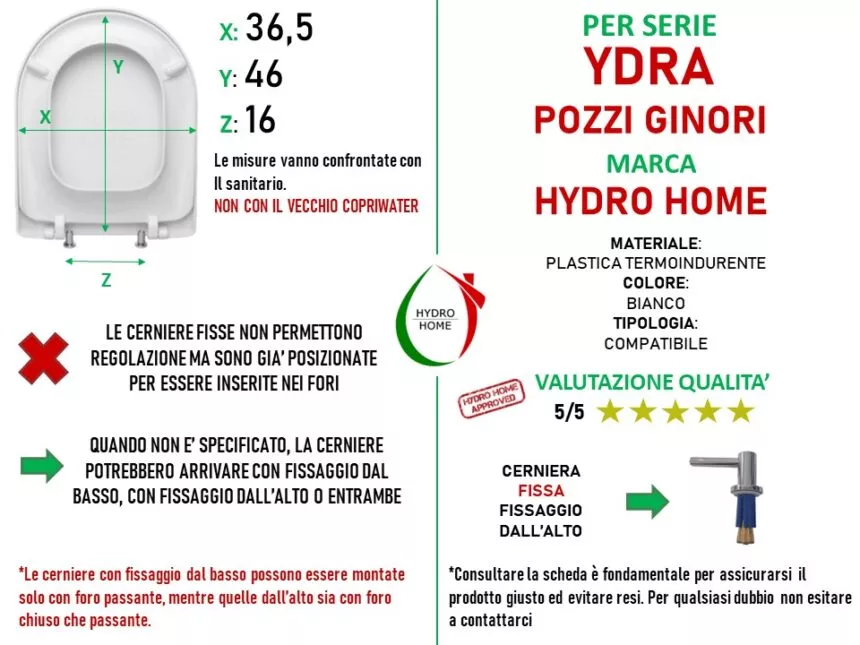 Copriwater HYDRO HOME Per Sanindusa City, Plastica Termoindurente Bianco, Cerniere Regolabili, Chiusura Ammortizzata - Made In Italy - 2