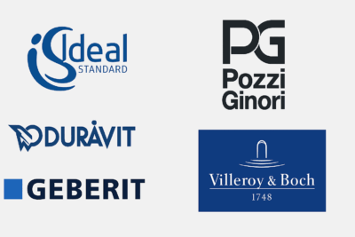 Loghi delle principali marche di sanitari compatibili con i copriwater Hydro Home: Pozzi Ginori, Ideal Standard, Dolomite, Althea e GSI.