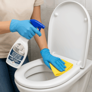 Disinfettante Hydro Home in uso su un copriwater bianco, ideale per igienizzare e pulire tutte le superfici del bagno.