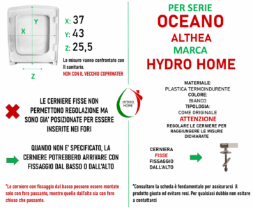 Scheda prodotto Hydro Home con copriwater e misure X, Y e Z evidenziate: larghezza, lunghezza dai fori alla punta e interasse fori. Esempio pratico per scegliere il copriwater compatibile.