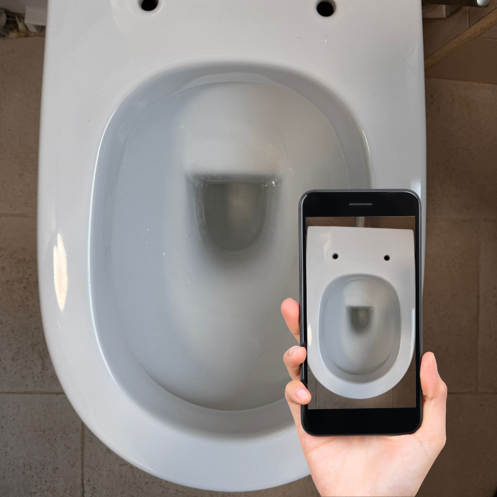 WC fotografato dall’alto con un telefono che mostra WhatsApp per inviare le foto a Hydro Home